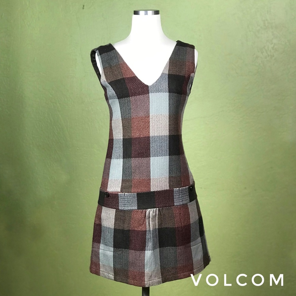 VOLCOM Scooter Dress - Brown plaid XS mini dress